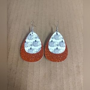 Orange Glitter Teardrop Earrings with Pumpkin Design